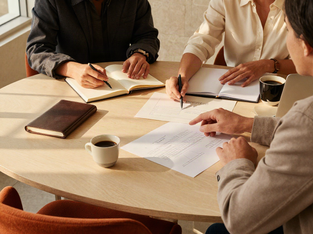 Consulting team collaborating over business charts and strategic planning notes